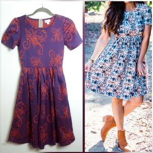 Lularoe Amelia Box Pleats Dress Size XS Purple/Orange Fire print Side Pocket